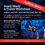 An advertisement for an audition. The bottom right hand corner features to dancers performing a mid level partnering sequence.