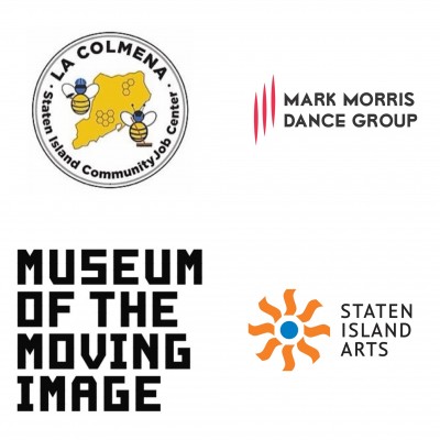 Collage of logos for La Colmena, Mark Morris Dance Group, Museum of the Moving Image, and Staten Island Arts