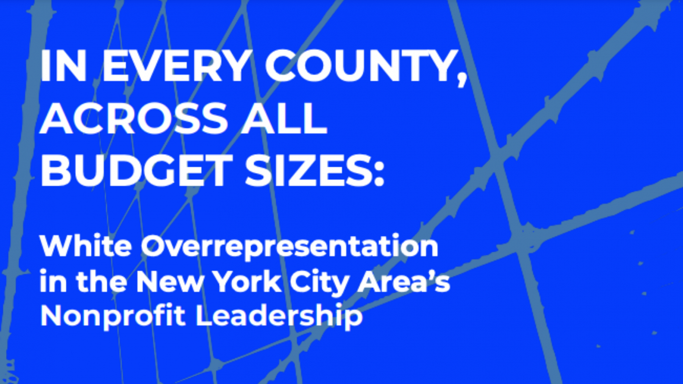 Blue graphic with grey lines across, and white text that reads 'In every county, across all budget sizes: White overrepresentation in the New York City Area's Nonprofit Leadership'.